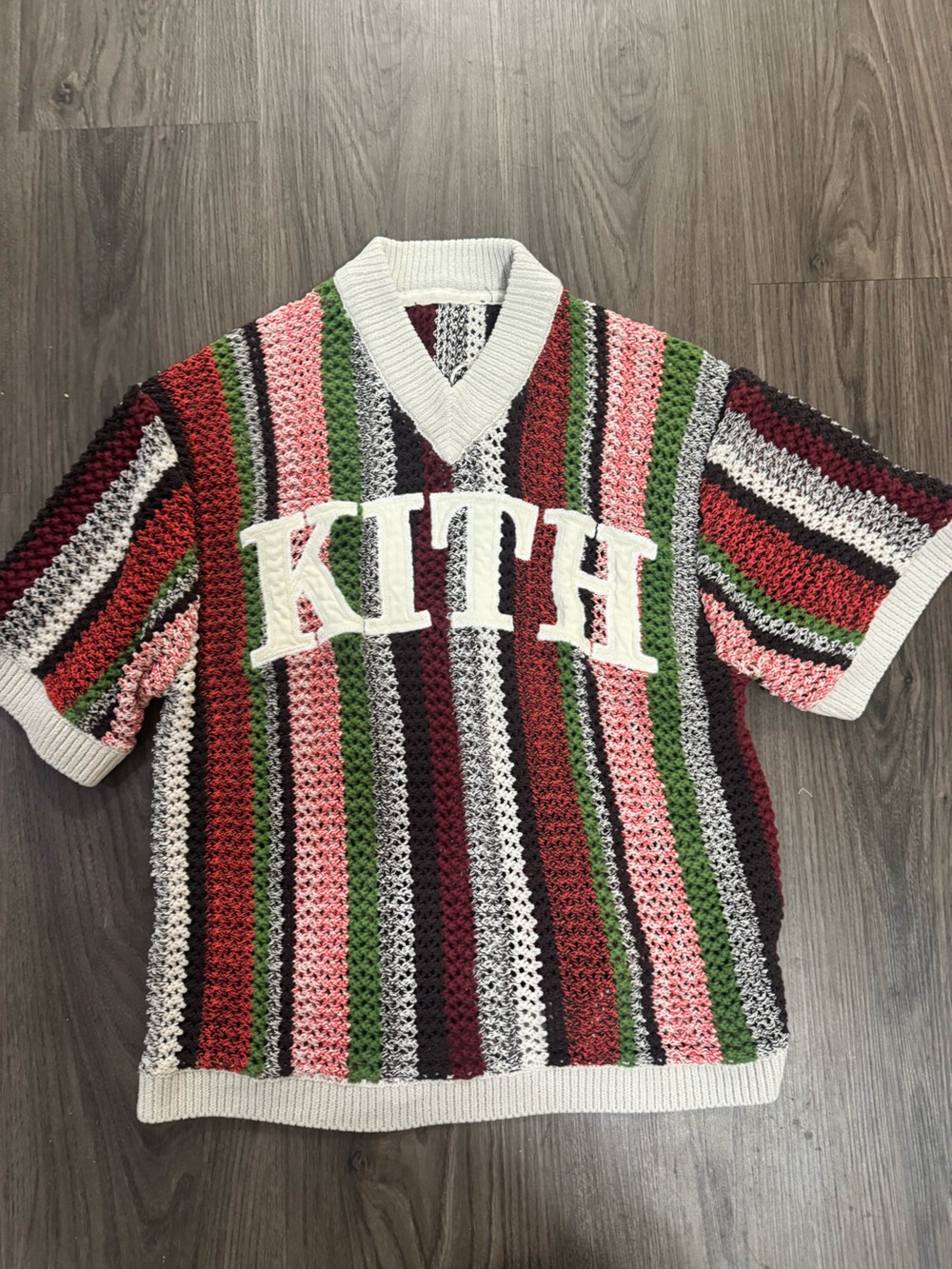 Kith Striped Crochet V-Neck Tee in Burgundy, Pink, Green & Cream
